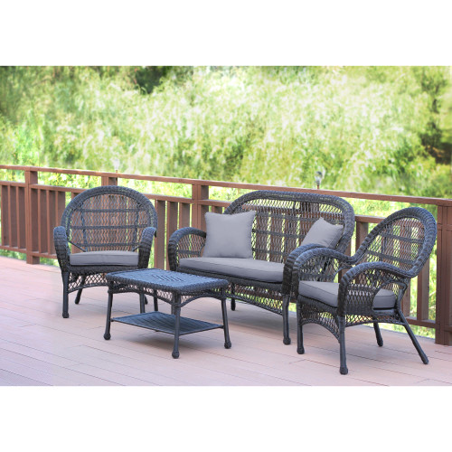 4-Piece Brown Wicker Outdoor Furniture Patio Conversation Set - Steel Blue Cushions