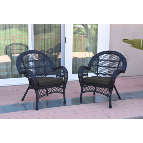 2-Piece Black Outdoor Furniture Patio Resin Wicker Chair with Black Cushions 35.5''