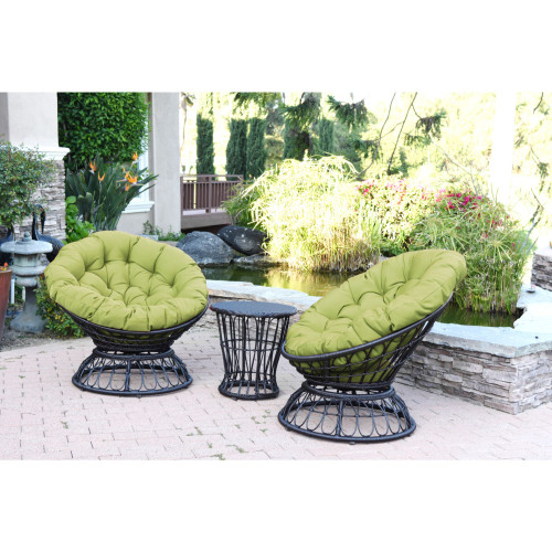 3-Piece Espresso Brown Outdoor Furniture Patio Swivel Chair and Table Set - Sage Green Cushions