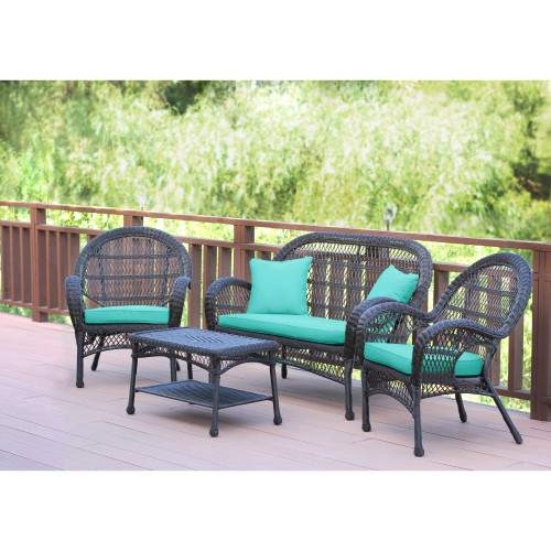 4-Piece Espresso Brown Wicker Outdoor Furniture Patio Conversation Set - Turquoise Cushions
