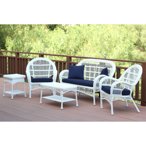 5-Piece White Wicker Outdoor Furniture Patio Conversation Set - Midnight Blue Cushions
