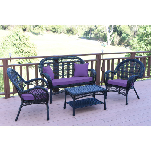 4-Piece Black Wicker Outdoor Furniture Patio Conversation Set - Purple Cushions