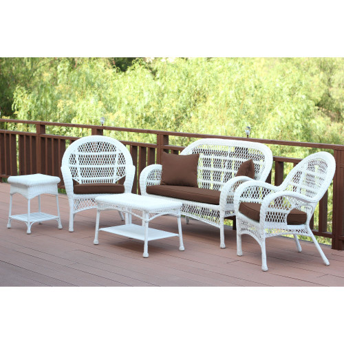 5-Piece White Wicker Outdoor Furniture Patio Conversation Set - Brown Cushions