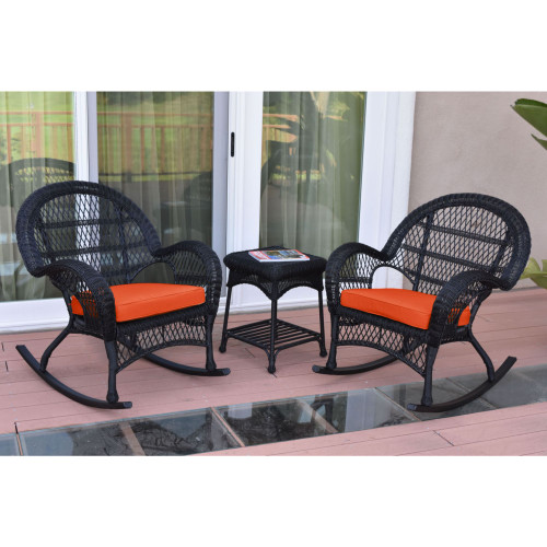 3-Piece Black Wicker Outdoor Furniture Patio Rocker Chair Set - Orange Cushions