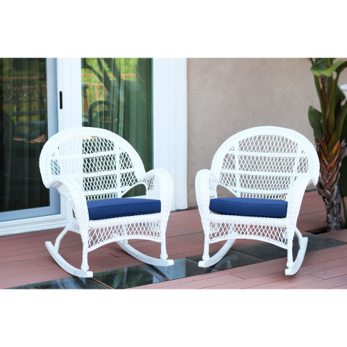 Set of 4 White Wicker Outdoor Furniture Patio Rocking Chairs - Midnight Blue Cushions