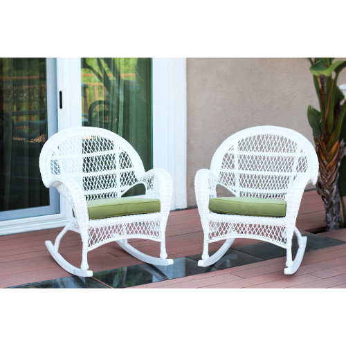 Set of 4 White Outdoor Furniture Patio Rocking Chairs - Sage Green Cushions