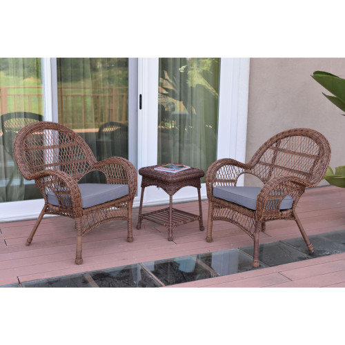 3-Piece Honey Brown Contemporary Outdoor Furniture Patio Conversation Set - Steel Blue Cushions