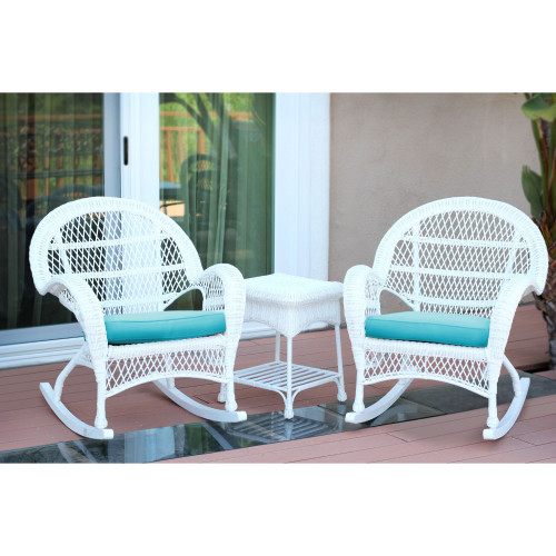 3-Piece White Outdoor Furniture Patio Conversation Set - Sky Blue Cushions