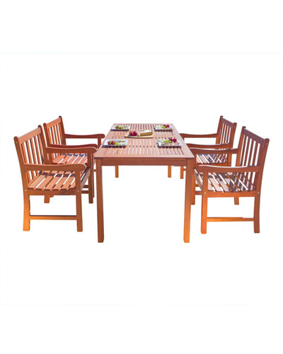 5-Piece Brown Natural Wood Finish Table Outdoor Furniture Patio Dining Set with Casual Chairs 59"