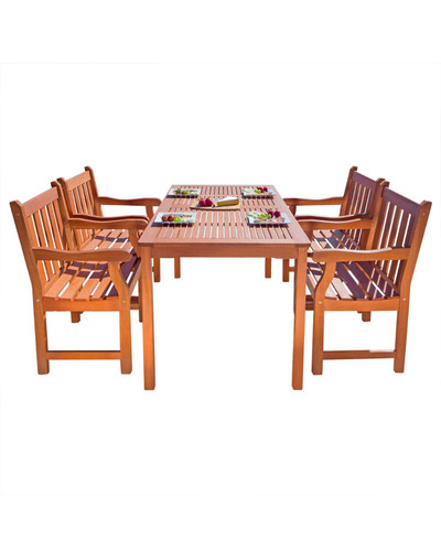 5-Piece Brown Natural Wood Finish Table Outdoor Furniture Patio Dining Set with Sturdy Chairs 59"