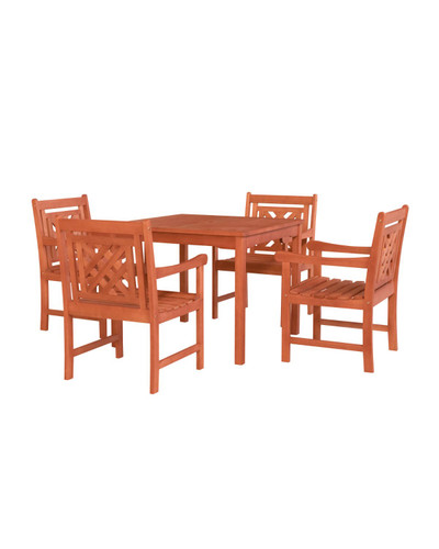 5-Piece Brown Natural Wood Finish Stacking Table Outdoor Furniture Patio Dining Set with Plaid Chairs 35"