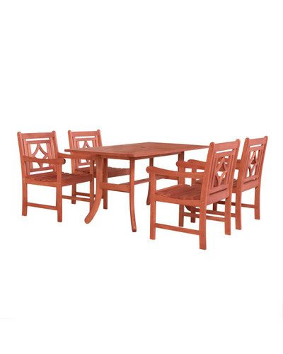 5-Piece Brown Natural Wood Finish Curvy Leg Table Outdoor Furniture Patio Dining Set with Diamond Chairs 59"
