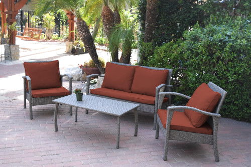 Set of 4 Gray and Brick Red Conversation Set with Cushions 48"