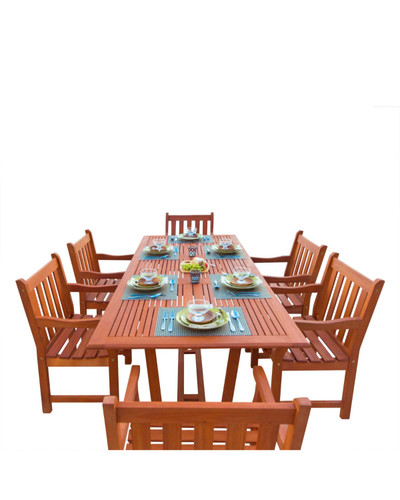 7-Piece Brown Natural Wood Finish Extension Table Outdoor Furniture Patio Dining Set with Casual Armchairs 91"