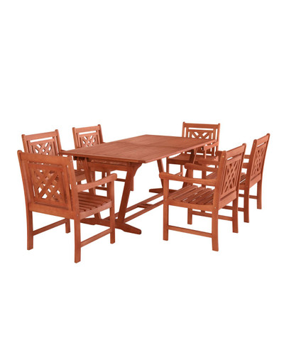 7-Piece Brown Natural Wood Finish Extendable Table Outdoor Furniture Patio Dining Set with Plaid Chairs 91"