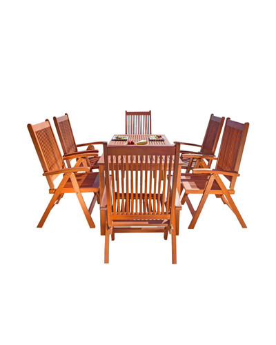 7-Piece Brown Natural Wood Finish Table Outdoor Furniture Patio Dining Set with Reclining Chairs 59"