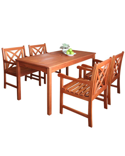 5-Piece Brown Natural Wood Finish Table Outdoor Furniture Patio Dining Set with Floral Chairs 59"