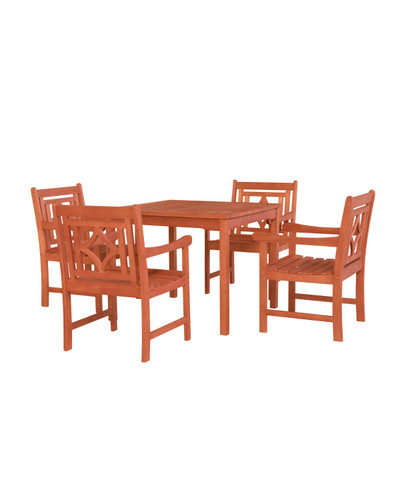 5-Piece Brown Natural Wood Finish Stacking Table Outdoor Furniture Patio Dining Set with Diamond Chairs 35"