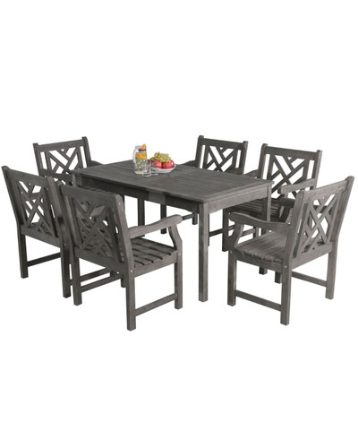 7-Piece Gray Hand Scraped Wood Finish Table Outdoor Furniture Patio Dining Set with Mosaic Back Chairs 59"