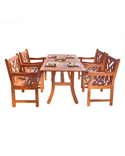 5-Piece Brown Natural Wood Finish Curvy Leg Table Outdoor Furniture Patio Dining Set with Mosaic Chairs 59"