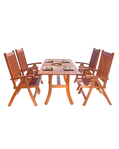 5-Piece Brown Natural Wood Finish Curvy Leg Table Outdoor Furniture Patio Dining Set with Reclining Chairs 59"