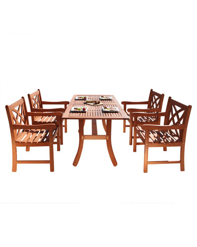 5-Piece Brown Natural Wood Finish Curvy Leg Table Outdoor Furniture Patio Dining Set with Floral Back Chairs 59"