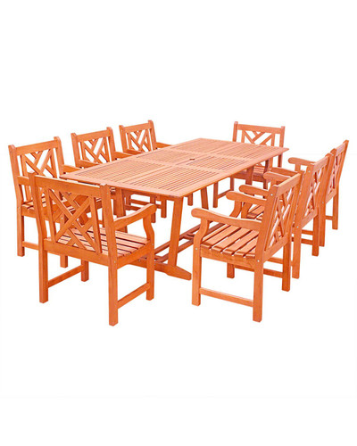 9-Piece Brown Natural Wood Finish Extension Table Outdoor Furniture Patio Dining Set with Mosaic Back Chairs 91"