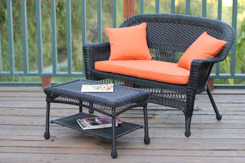 2-Piece Oswald Black Resin Wicker Patio Loveseat and Coffee Table Set - Orange Cushion