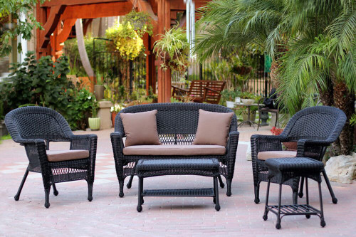 5-Piece Black Resin Wicker Patio Chair, Loveseat & Table Furniture Set - Brown Cushions