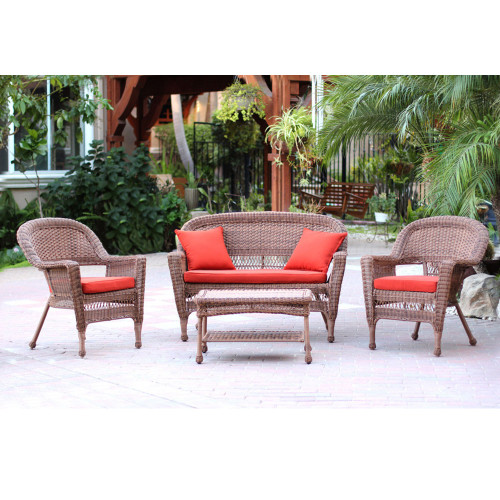 4-Piece Honey Wicker Patio Chairs, Loveseat & Table Furniture Set - Red Cushions 51"