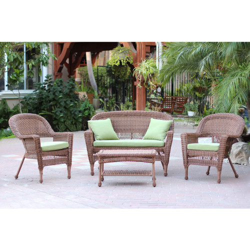 4-Piece Honey Wicker Patio Chairs, Loveseat & Table Furniture Set - Green Cushions 51"