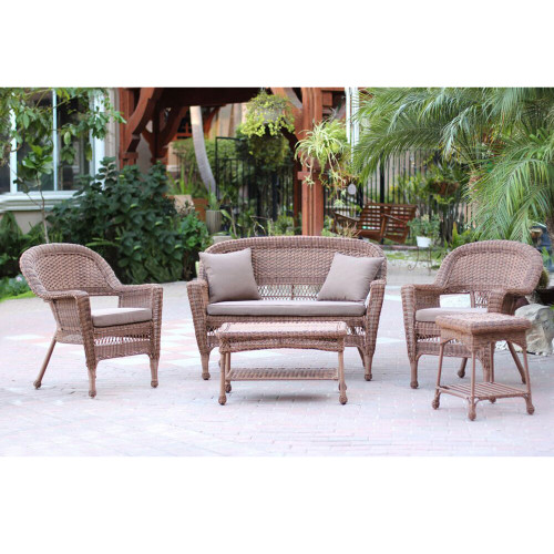 5-Piece Honey Wicker Patio Chair, Loveseat & Table Furniture Set - Brown Cushions 51"