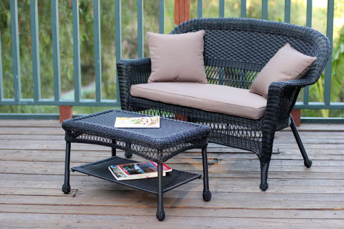 2-Piece Oswald Black Resin Wicker Patio Loveseat and Coffee Table Set - Brown Cushion