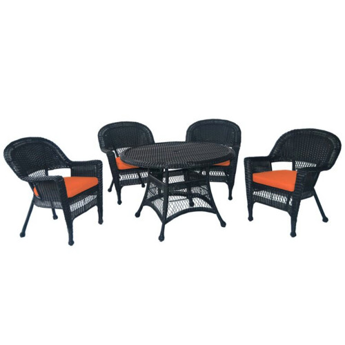 5-Piece Black Resin Wicker Chair & Table Patio Dining Furniture Set - Orange Cushions 44.5"