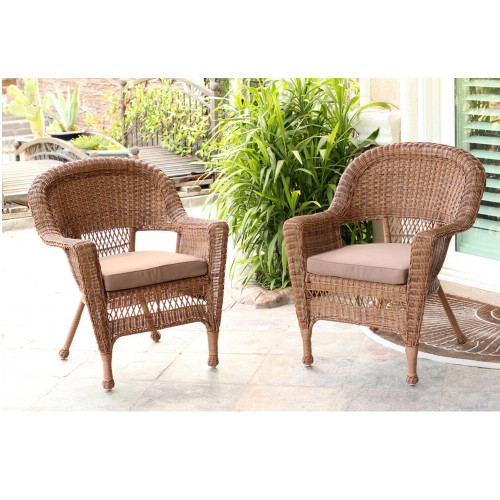 Set of 4 Honey Brown Resin Wicker Patio Chairs with Brown Cushion 36"