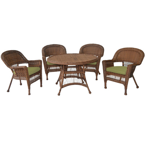 5-Piece Brown Honey Resin Wicker Chair & Table Patio Dining Furniture Set - Green Cushions 44.5"