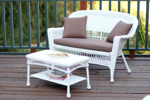 2-Piece Aurora White Resin Wicker Patio Loveseat and Coffee Table Furniture Set - Brown Cushion, 51"