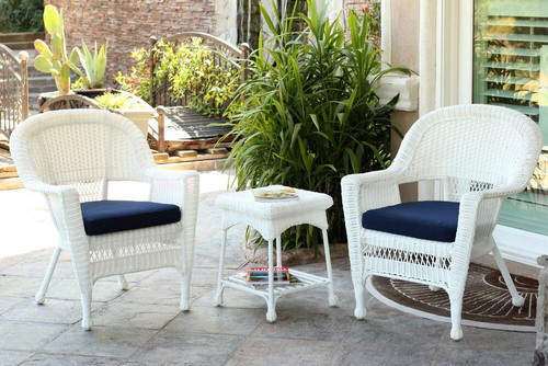 3-Piece White Resin Wicker Patio Chairs and End Table Furniture Set - Blue Cushions