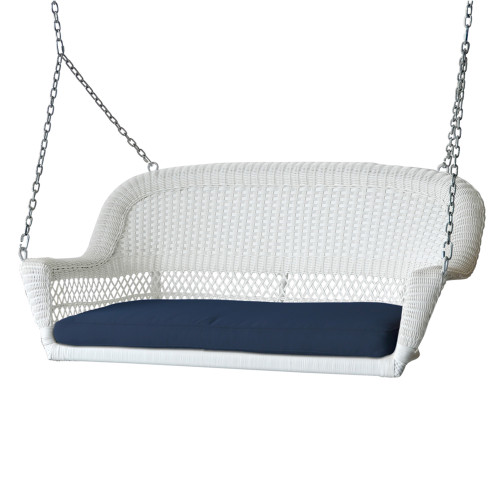 51.5" Hand Woven White Resin Wicker Outdoor Porch Swing with Blue Cushion