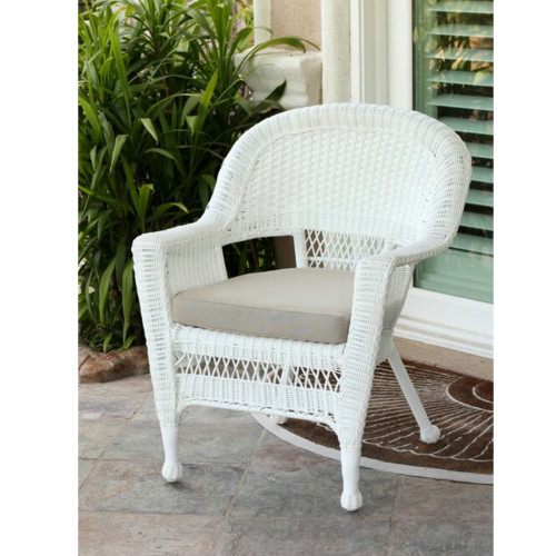 36" White Resin Wicker Outdoor Patio Garden Chair with Tan Cushion