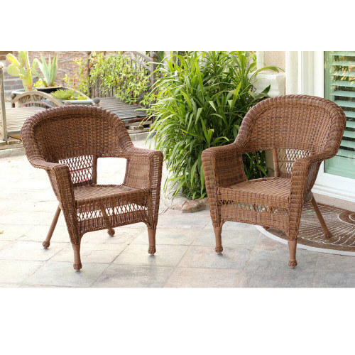 Set of 2 Honey Brown Resin Wicker Outdoor Patio Garden Chairs 36"
