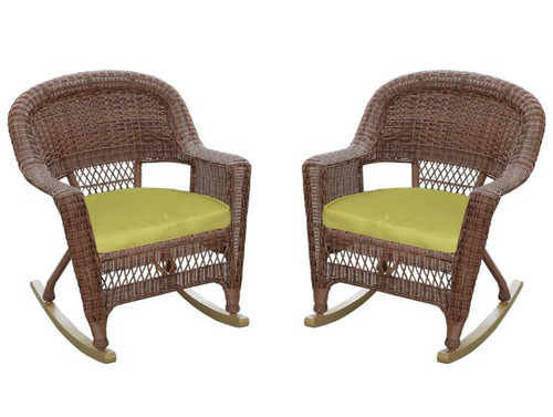 Set of 2 Honey Brown Resin Wicker Outdoor Patio Rocker Chairs - Green Cushions