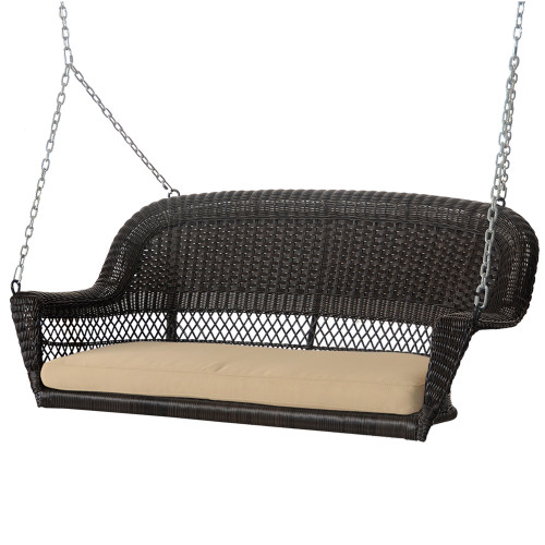 51.5" Hand Woven Espresso Brown Resin Wicker Outdoor Porch Swing with Beige Cushion