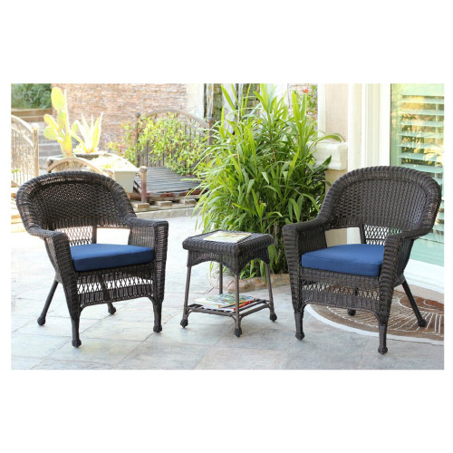 Set of 3 Espresso Brown Resin Wicker Patio Chairs and End Table Furniture with Blue Cushion 36"
