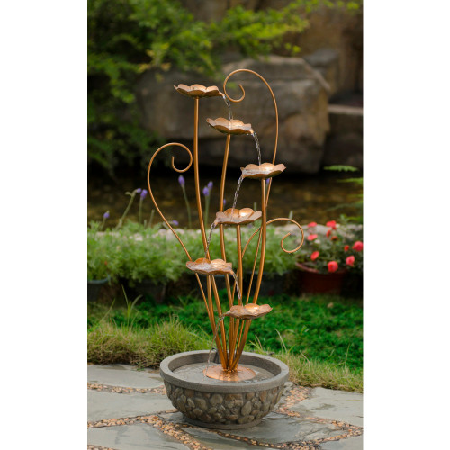 33.5" Tiered Copper Metal Leaf and Faux Stone Outdoor Patio Garden Water Fountain