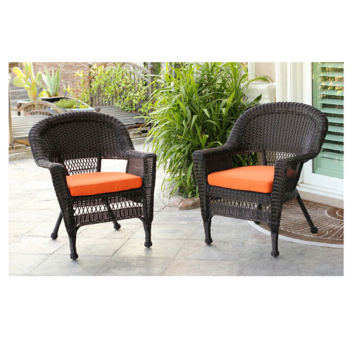 Set of 4 Espresso Brown Resin Wicker Outdoor Patio Garden Chairs with Orange Cushion 36"