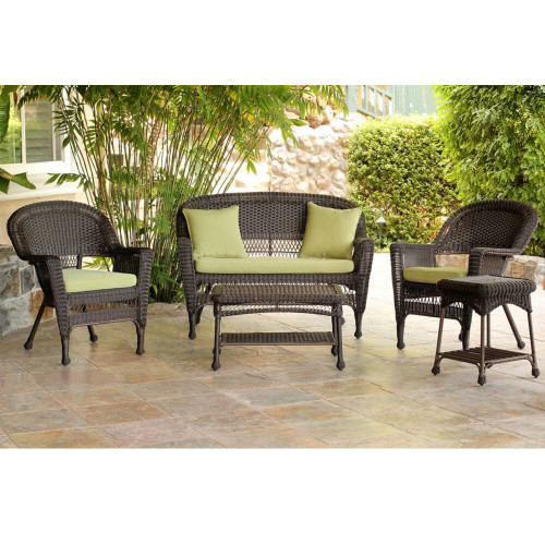 Set of 5 Espresso Wicker Patio Chairs, Loveseat and Table Furniture with Green Cushion 51"