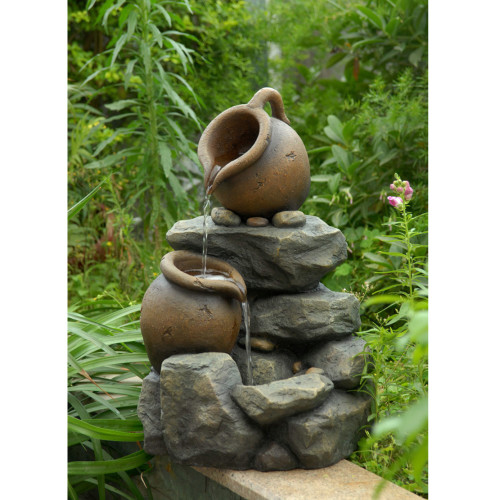 21.3" Rustic Stacked Jug Pots and Rocks Outdoor Patio Garden Water Fountain