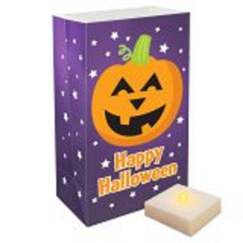 Set of 6 Battery Operated Purple and Orange Halloween Pumpkin Design Luminaria Kit 10"