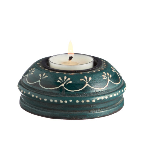 Set of 6 VedaHome Wooden Whimsy Hand Painted Blue Tea Light Candle Holders 3.5"
